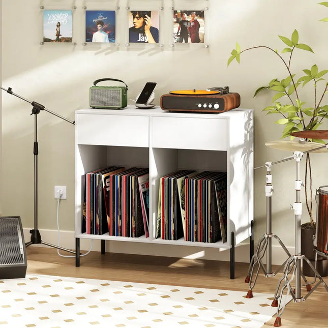 Record Player Stand with Power Outlets Double Wide Turntable Stand Vinyl Record Storage Table-White - White - Cabinets