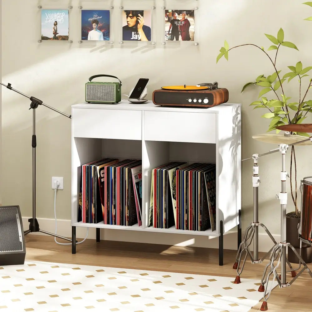 Record Player Stand with Power Outlets Double Wide Turntable Stand Vinyl Record Storage Table-White - White - Cabinets
