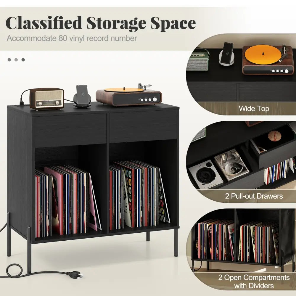 Record Player Stand with Power Outlets Double Wide Turntable Stand Vinyl Record Storage Table-Black - Black - Cabinets