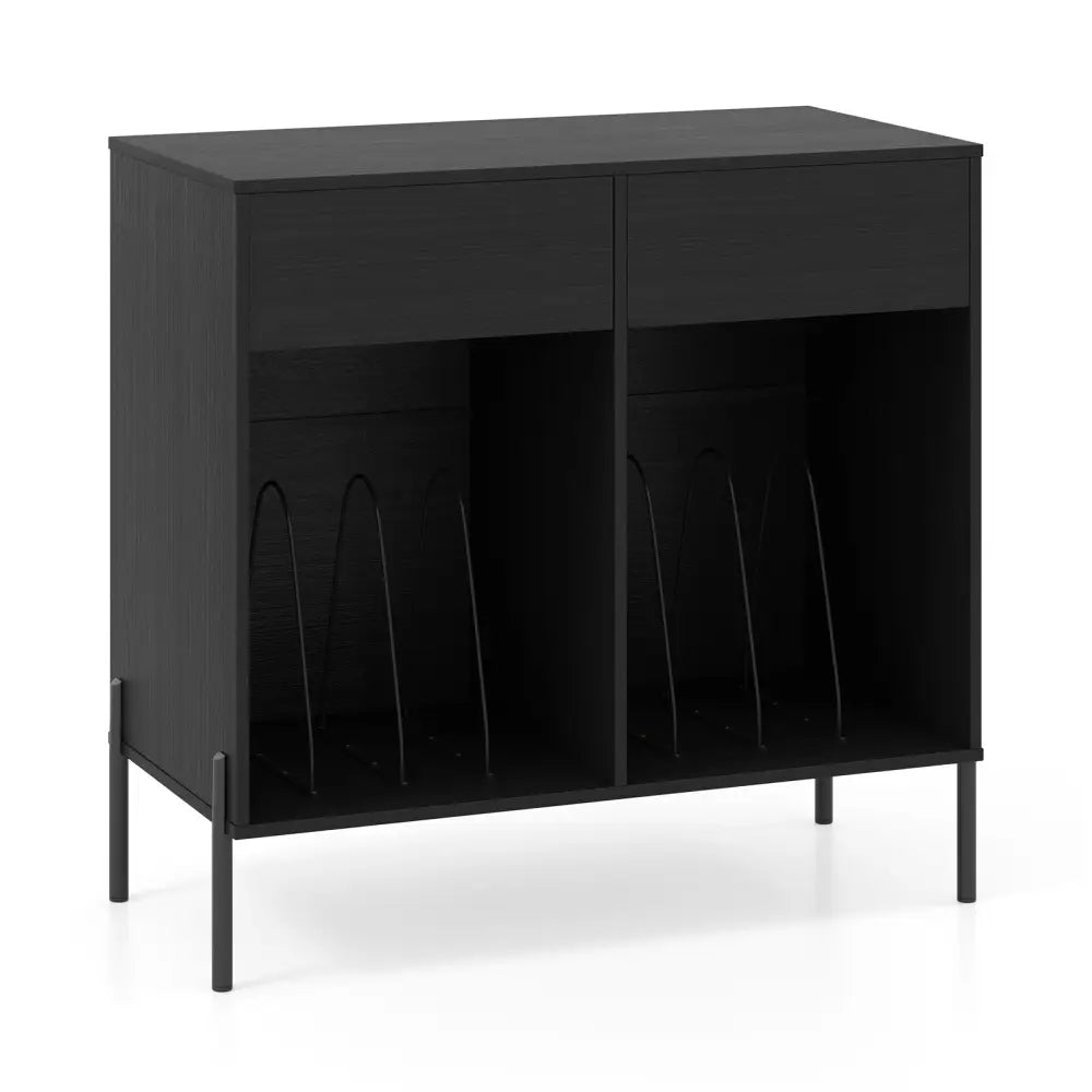 Record Player Stand with Power Outlets Double Wide Turntable Stand Vinyl Record Storage Table-Black - Black - Cabinets
