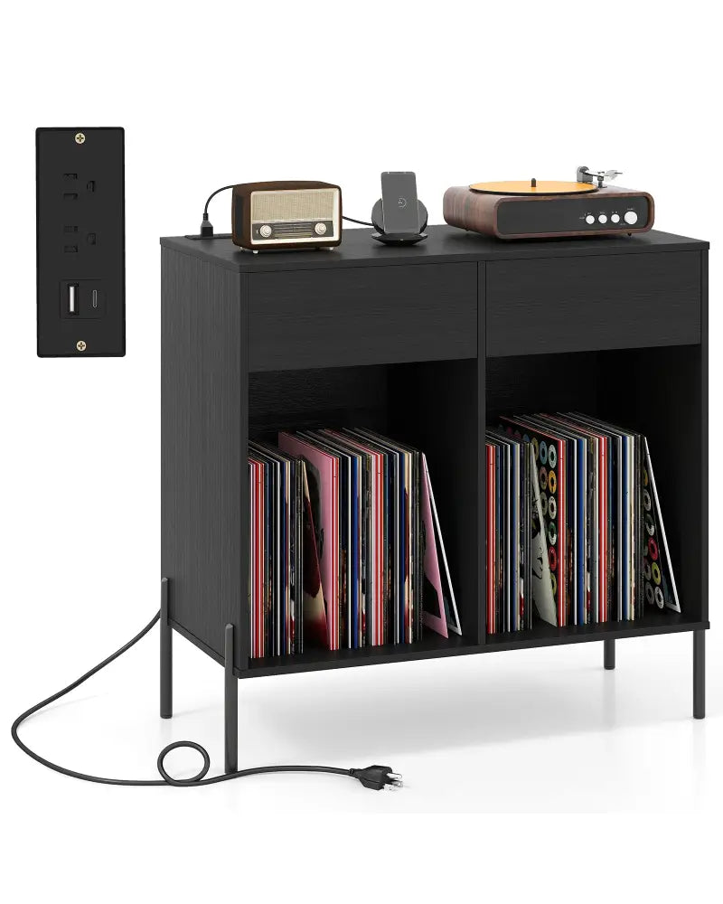Record Player Stand with Power Outlets Double Wide Turntable Stand Vinyl Record Storage Table-Black - Black - Cabinets