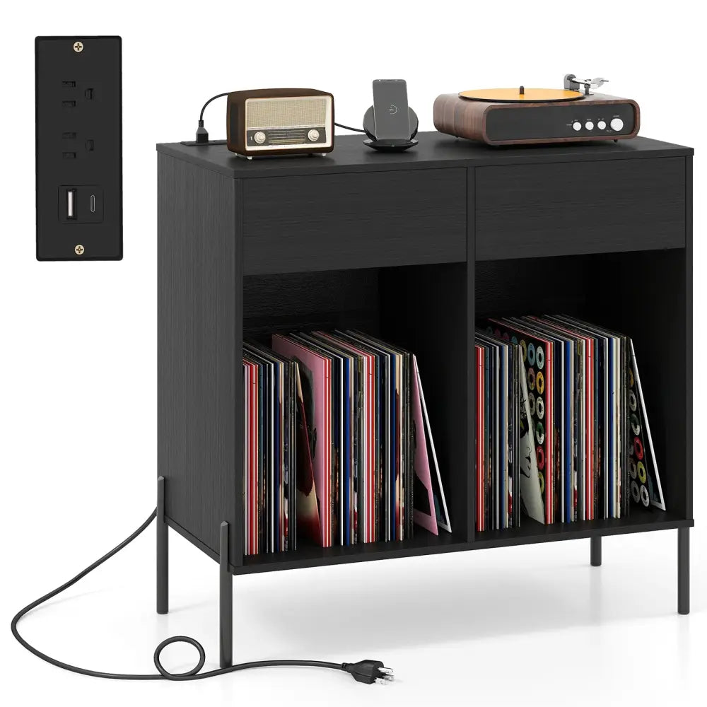 Record Player Stand with Power Outlets Double Wide Turntable Stand Vinyl Record Storage Table-Black - Black - Cabinets