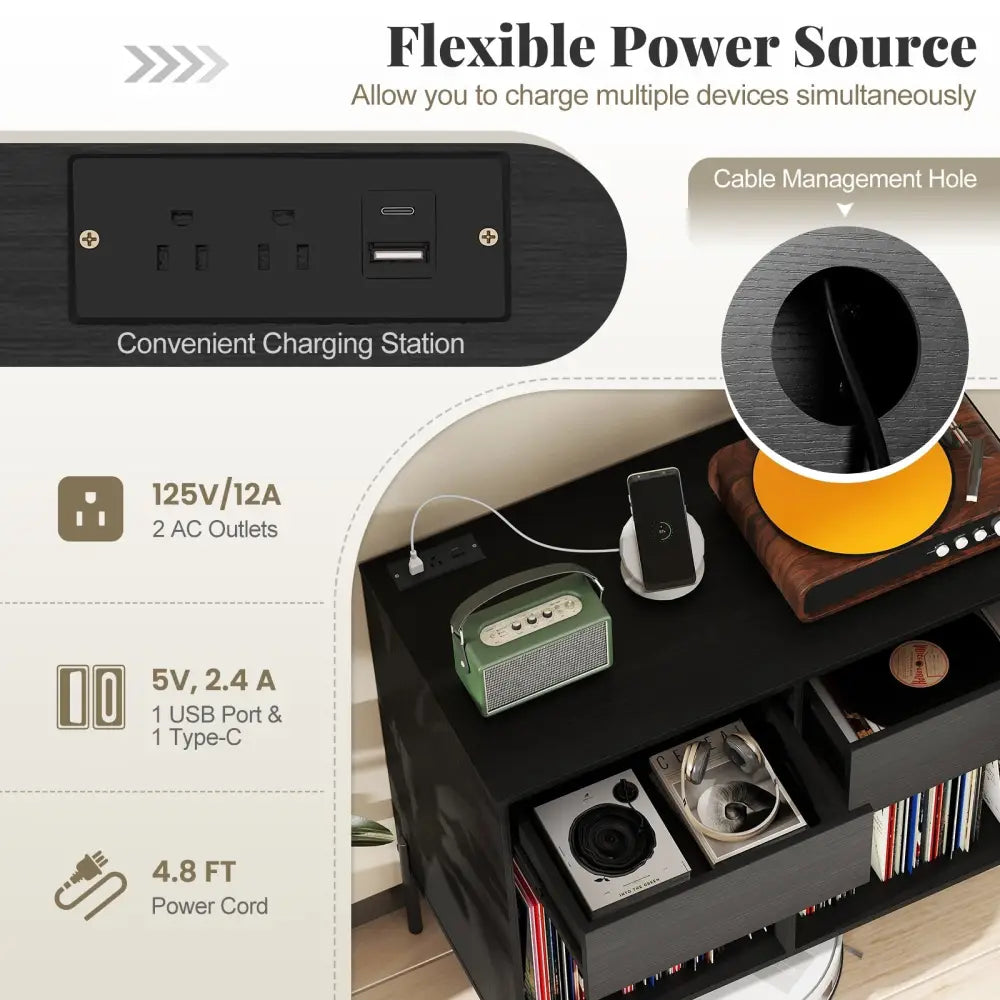 Record Player Stand with Power Outlets Double Wide Turntable Stand Vinyl Record Storage Table-Black - Black - Cabinets