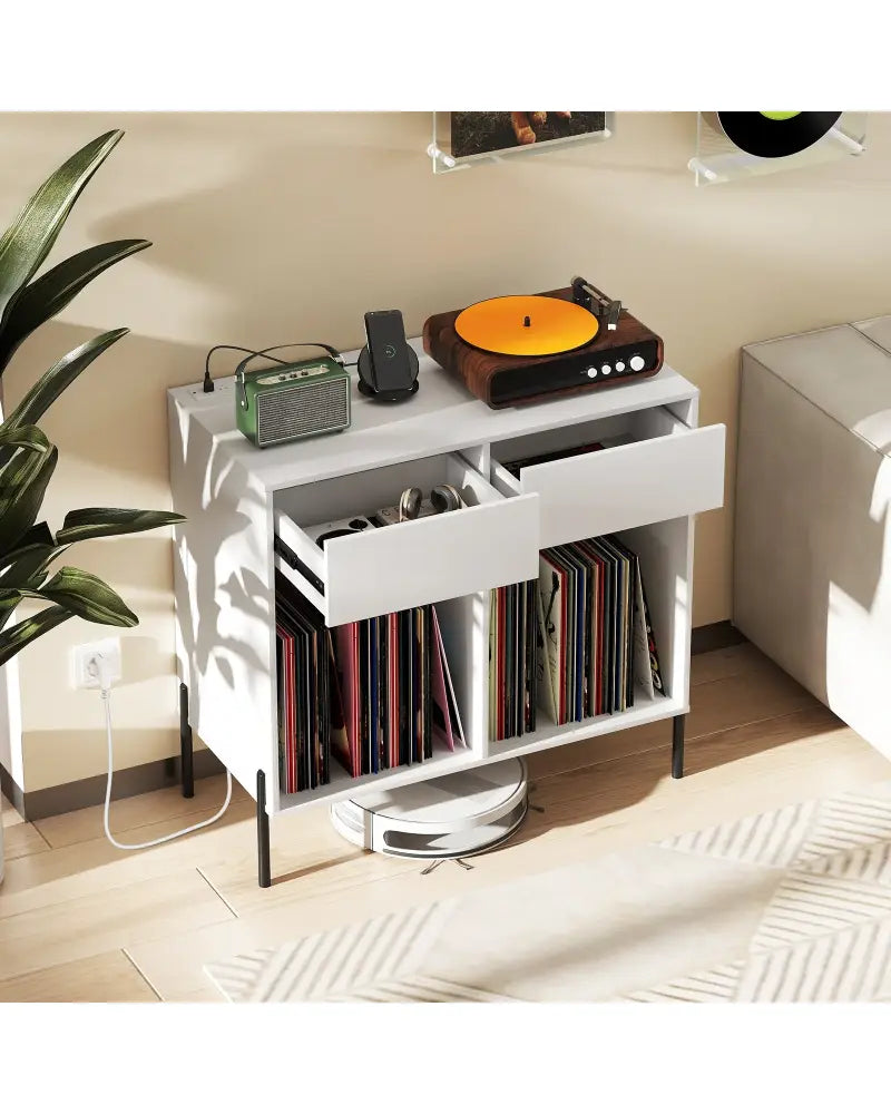 Record Player Stand with Power Outlets Double Wide Turntable Stand Vinyl Record Storage Table-White - White - Cabinets