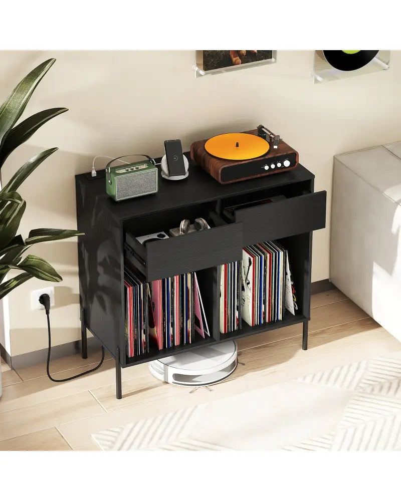 Record Player Stand with Power Outlets Double Wide Turntable Stand Vinyl Record Storage Table-Black - Black - Cabinets