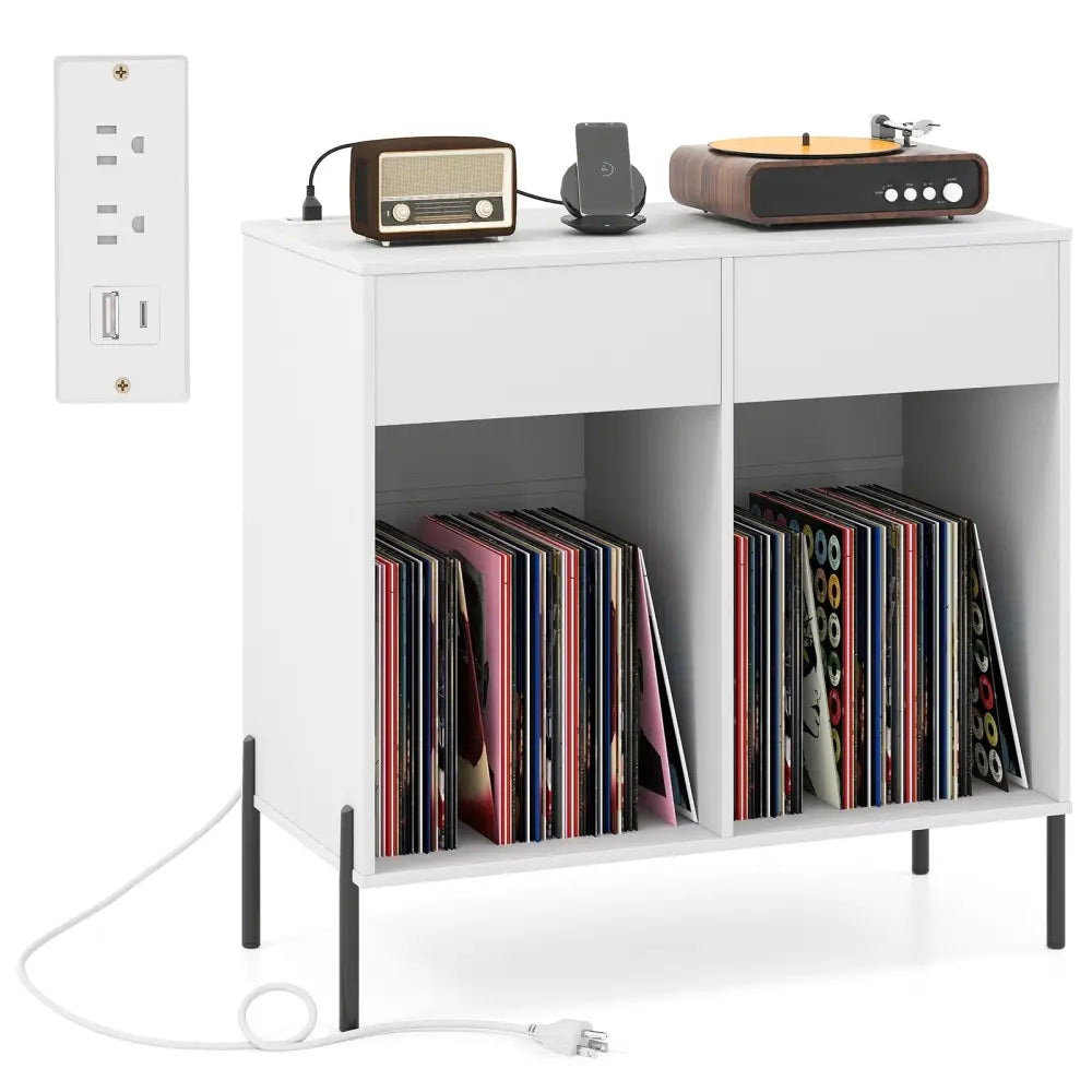 Record Player Stand with Power Outlets Double Wide Turntable Stand Vinyl Record Storage Table-White - White - Cabinets
