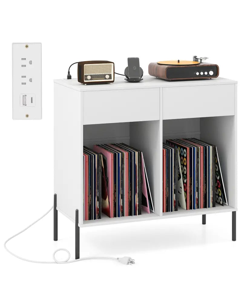 Record Player Stand with Power Outlets Double Wide Turntable Stand Vinyl Record Storage Table-White - White - Cabinets