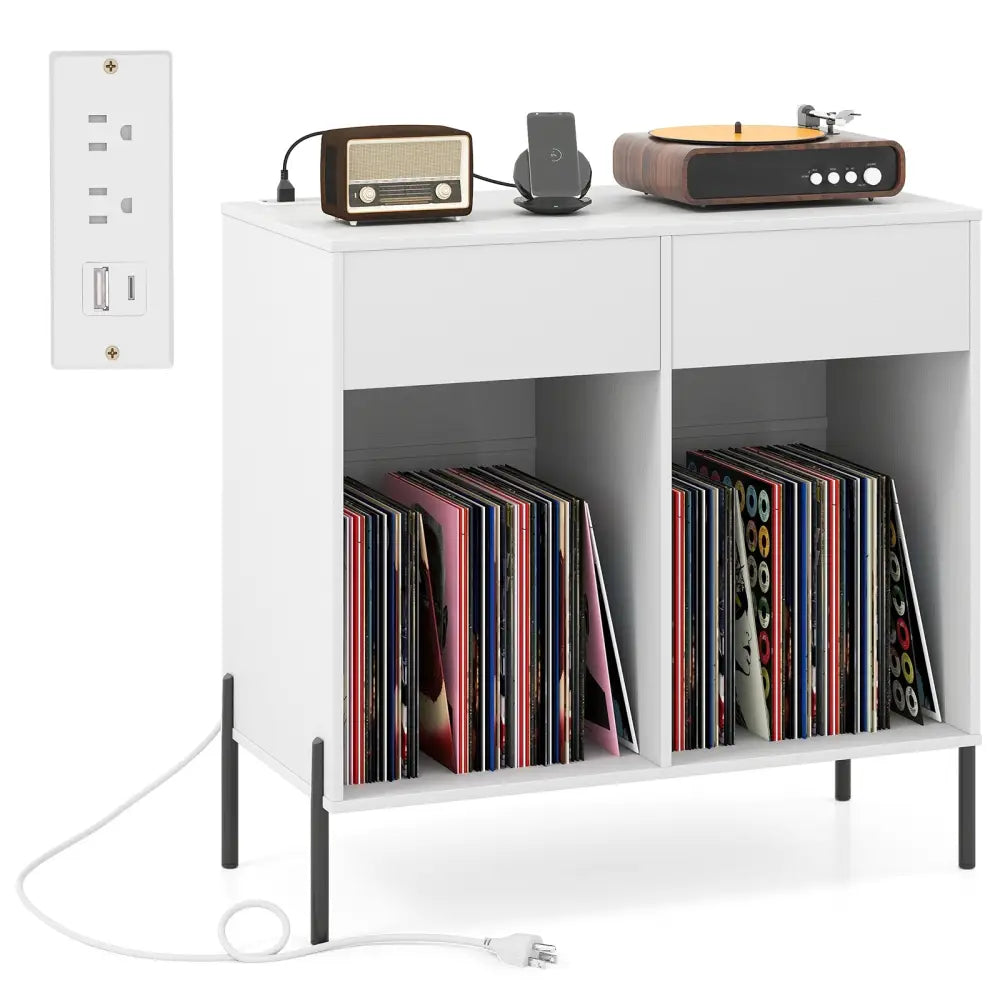 Record Player Stand with Power Outlets Double Wide Turntable Stand Vinyl Record Storage Table-White - White - Cabinets