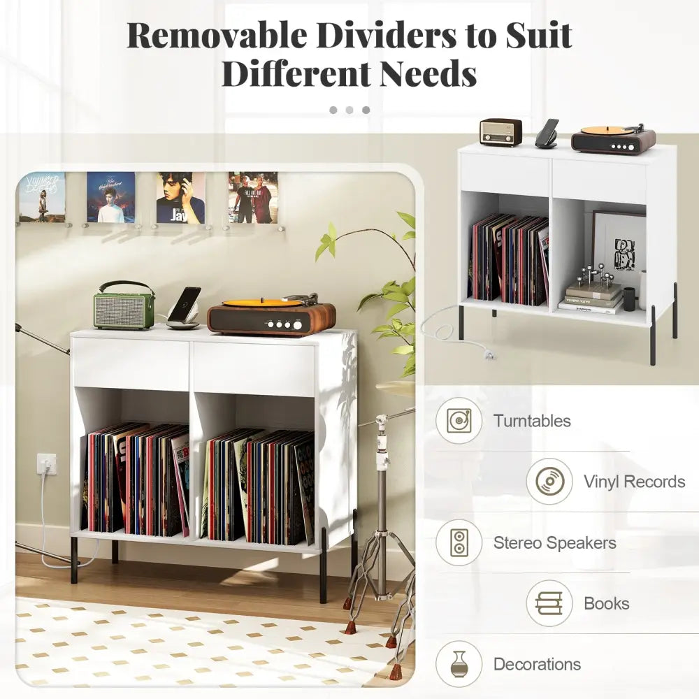 Record Player Stand with Power Outlets Double Wide Turntable Stand Vinyl Record Storage Table-White - White - Cabinets