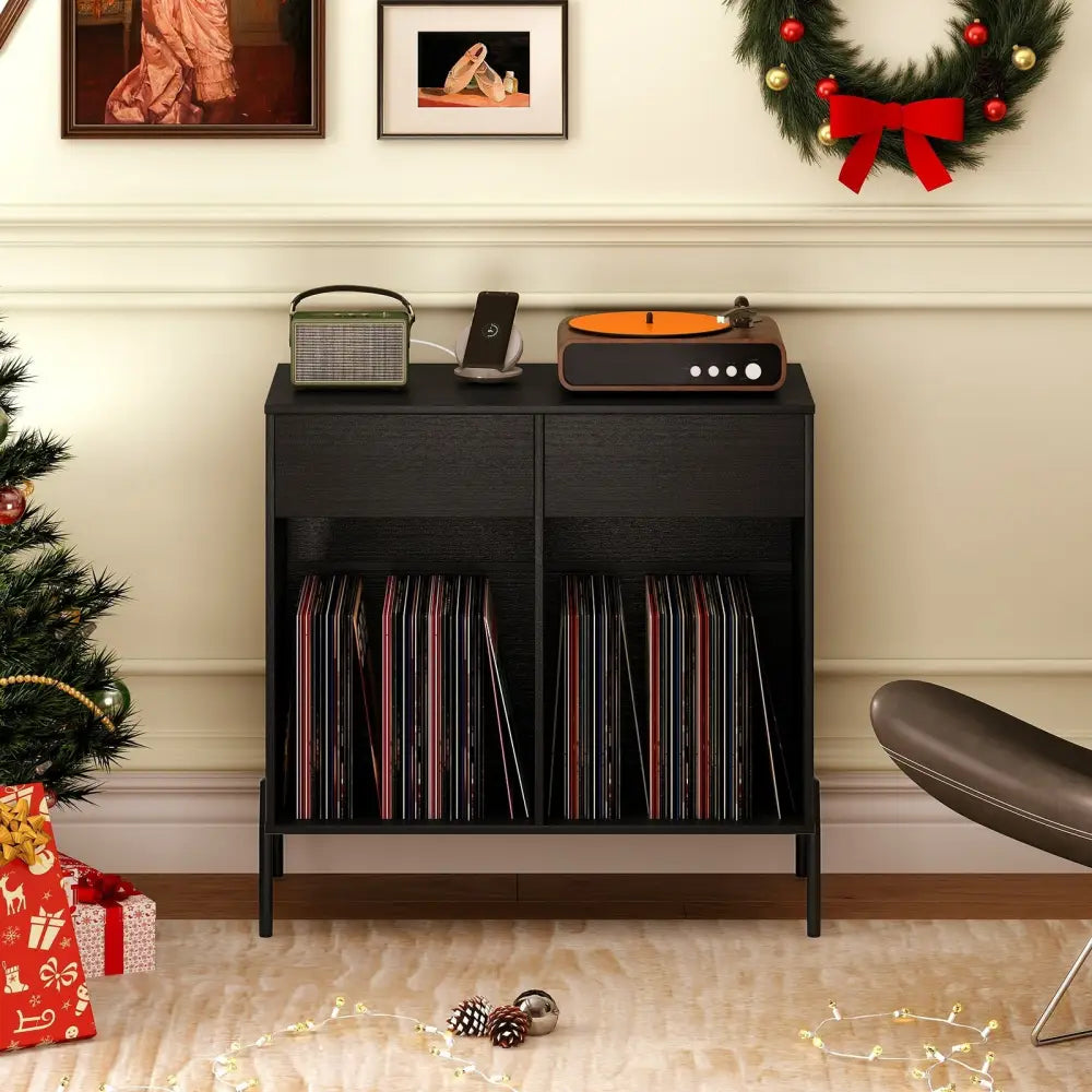 Record Player Stand with Power Outlets Double Wide Turntable Stand Vinyl Record Storage Table-Black - Black - Cabinets