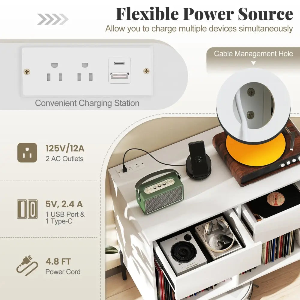Record Player Stand with Power Outlets Double Wide Turntable Stand Vinyl Record Storage Table-White - White - Cabinets