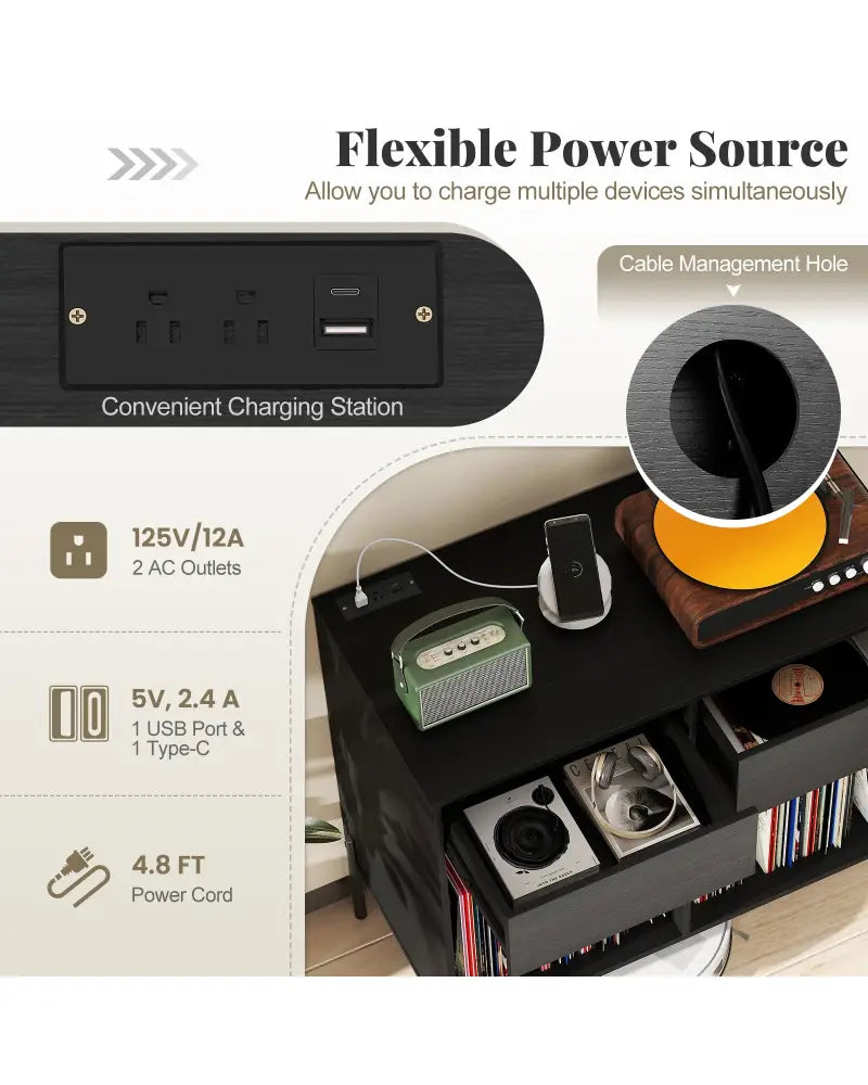 Record Player Stand with Power Outlets Double Wide Turntable Stand Vinyl Record Storage Table-Black - Black - Cabinets