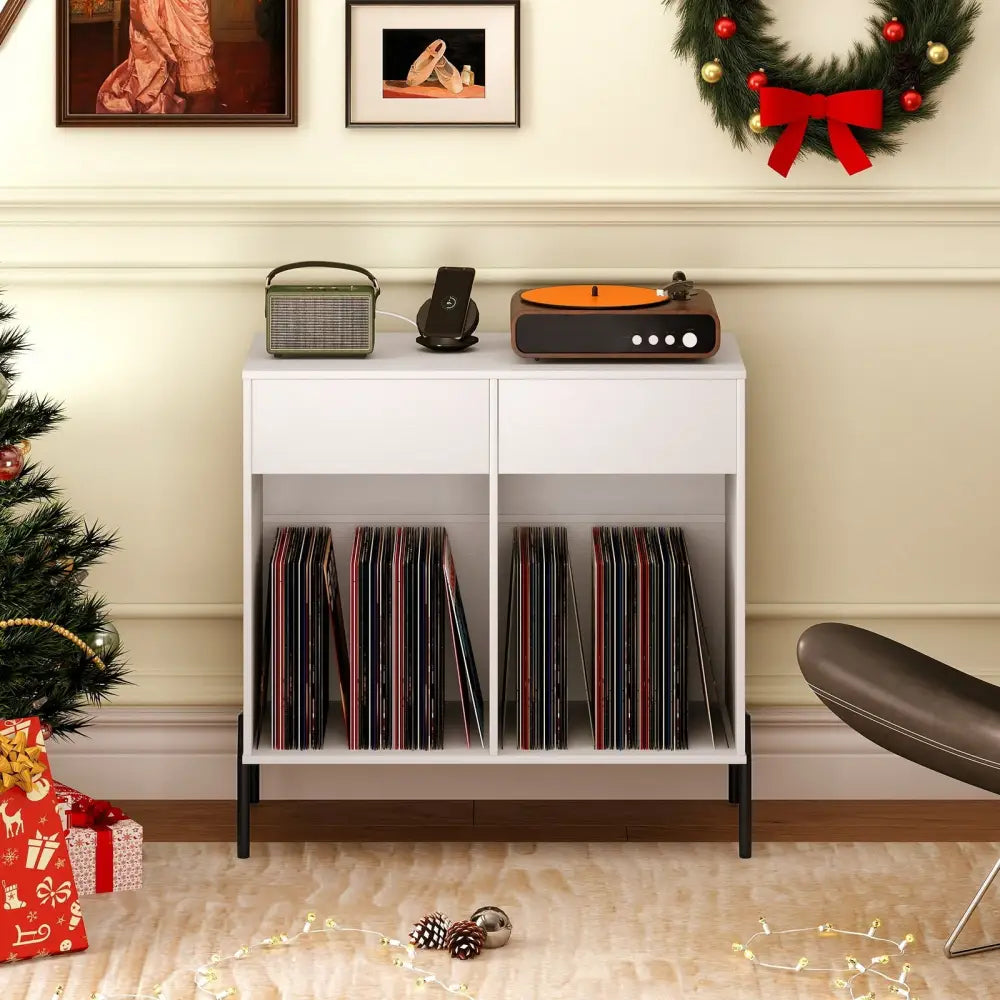 Record Player Stand with Power Outlets Double Wide Turntable Stand Vinyl Record Storage Table-White - White - Cabinets