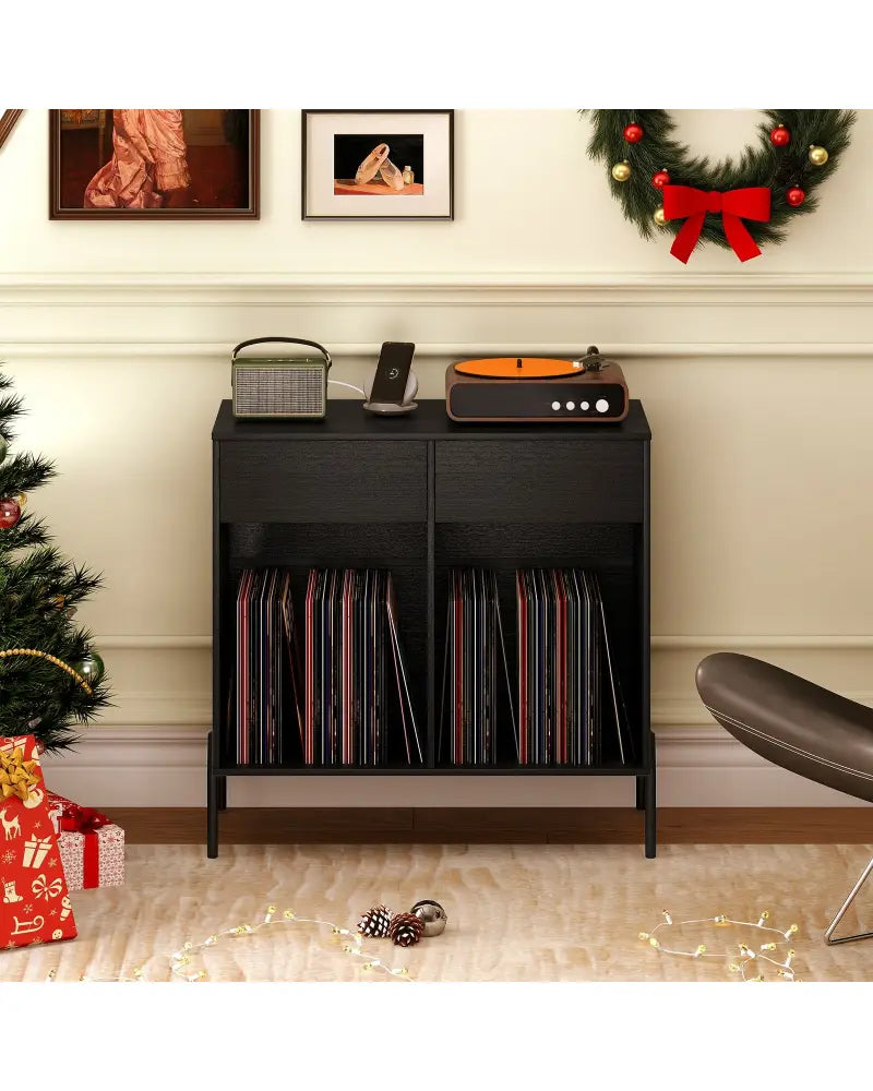 Record Player Stand with Power Outlets Double Wide Turntable Stand Vinyl Record Storage Table-Black - Black - Cabinets