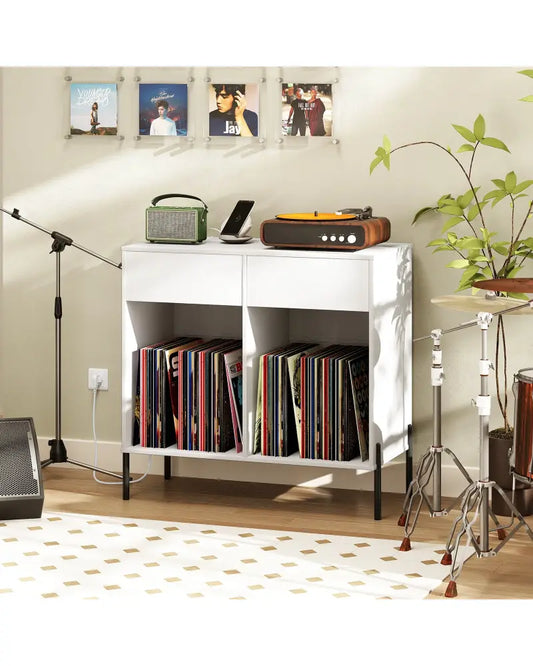 Record Player Stand with Power Outlets Double Wide Turntable Stand Vinyl Record Storage Table-White - White - Cabinets