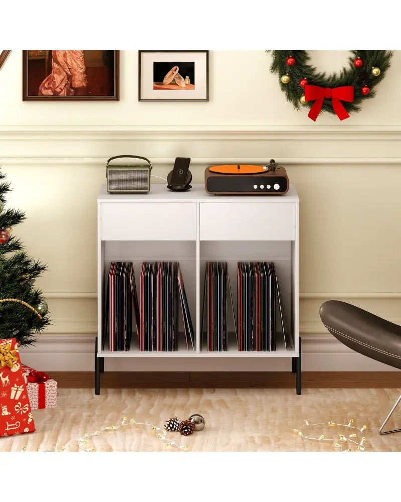 Record Player Stand with Power Outlets Double Wide Turntable Stand Vinyl Record Storage Table-White - White - Cabinets