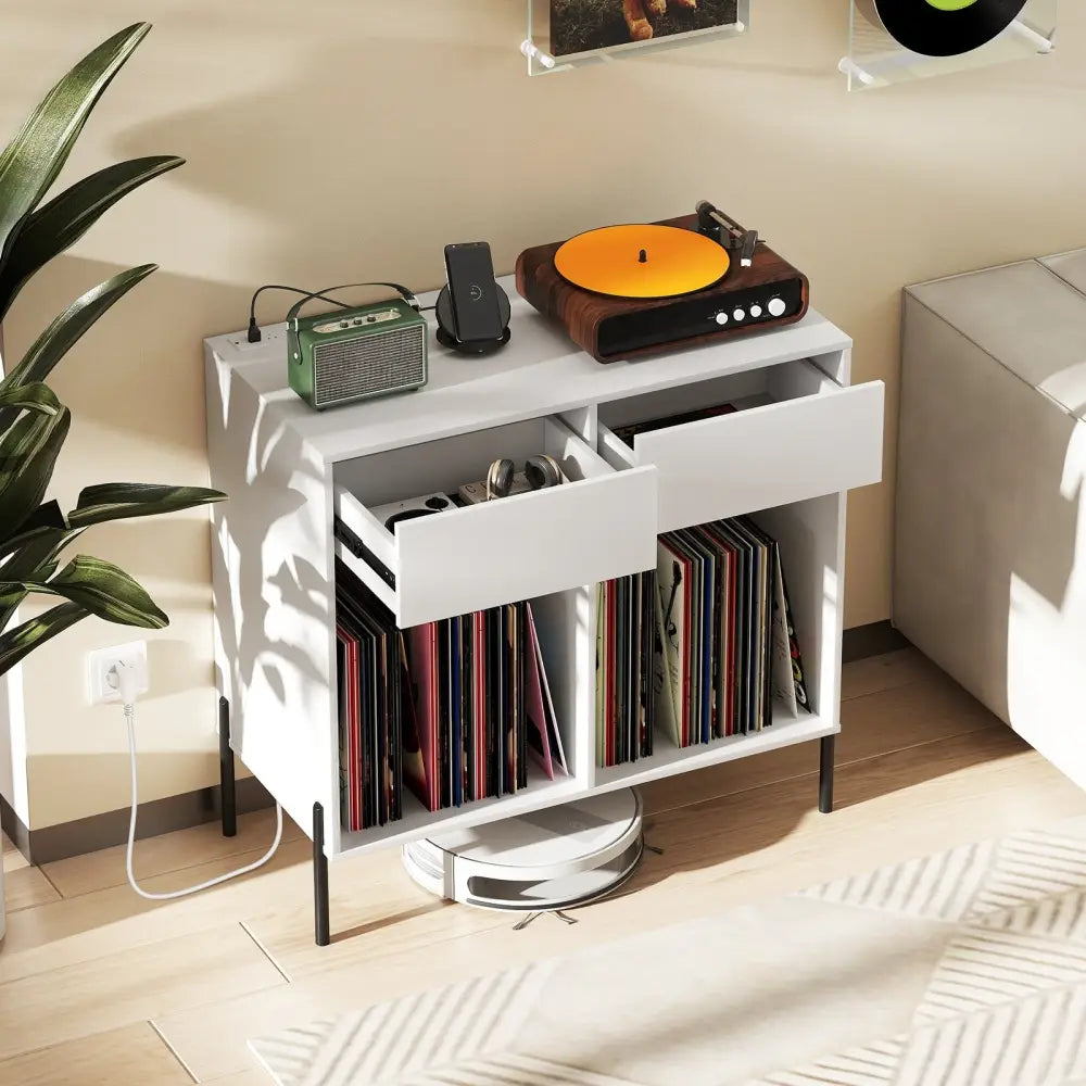 Record Player Stand with Power Outlets Double Wide Turntable Stand Vinyl Record Storage Table-White - White - Cabinets