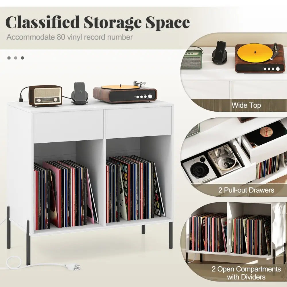 Record Player Stand with Power Outlets Double Wide Turntable Stand Vinyl Record Storage Table-White - White - Cabinets