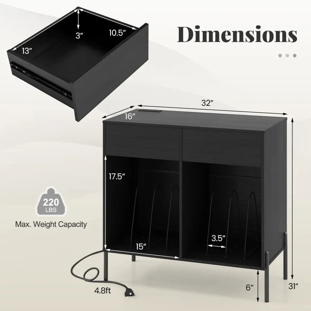 Record Player Stand with Power Outlets Double Wide Turntable Stand Vinyl Record Storage Table-Black - Black - Cabinets