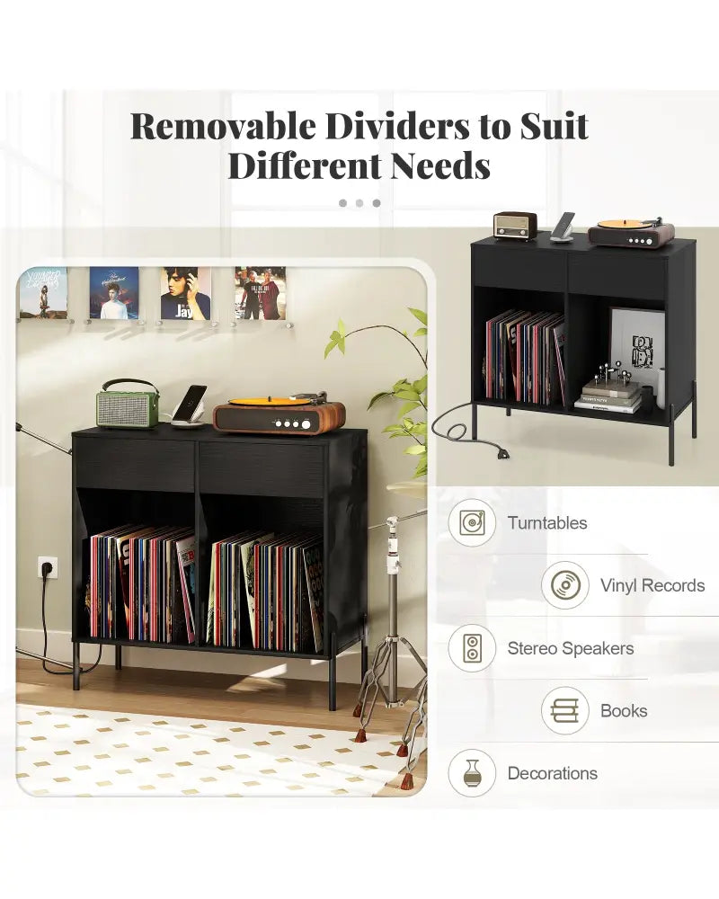 Record Player Stand with Power Outlets Double Wide Turntable Stand Vinyl Record Storage Table-Black - Black - Cabinets