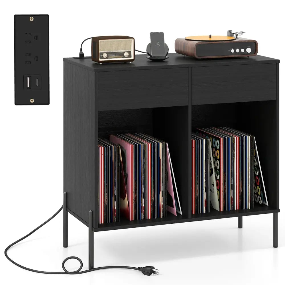 Record Player Stand with Power Outlets Double Wide Turntable Stand Vinyl Record Storage Table-Black - Black - Cabinets