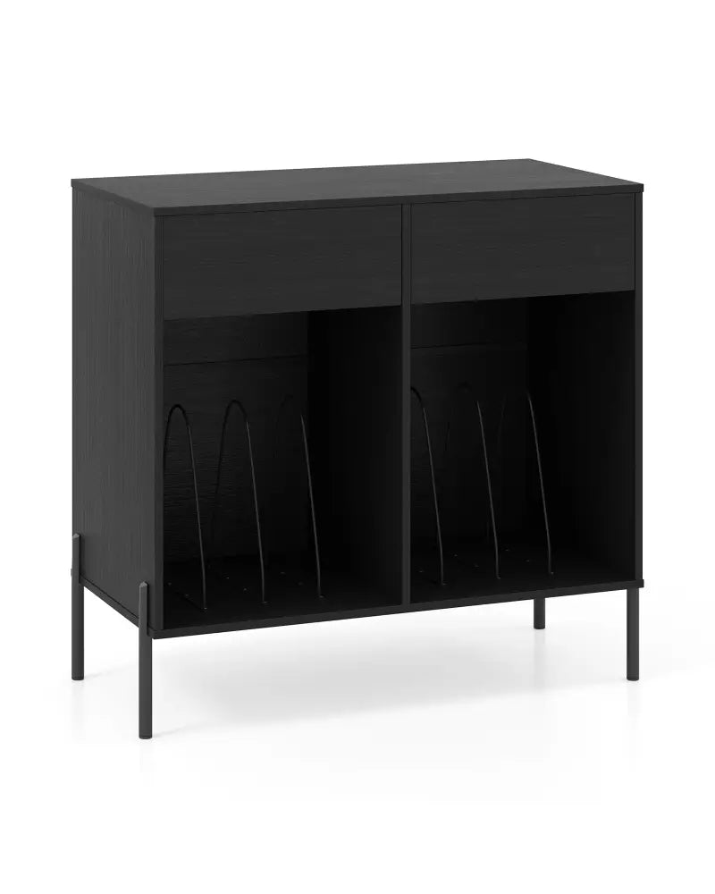 Record Player Stand with Power Outlets Double Wide Turntable Stand Vinyl Record Storage Table-Black - Black - Cabinets
