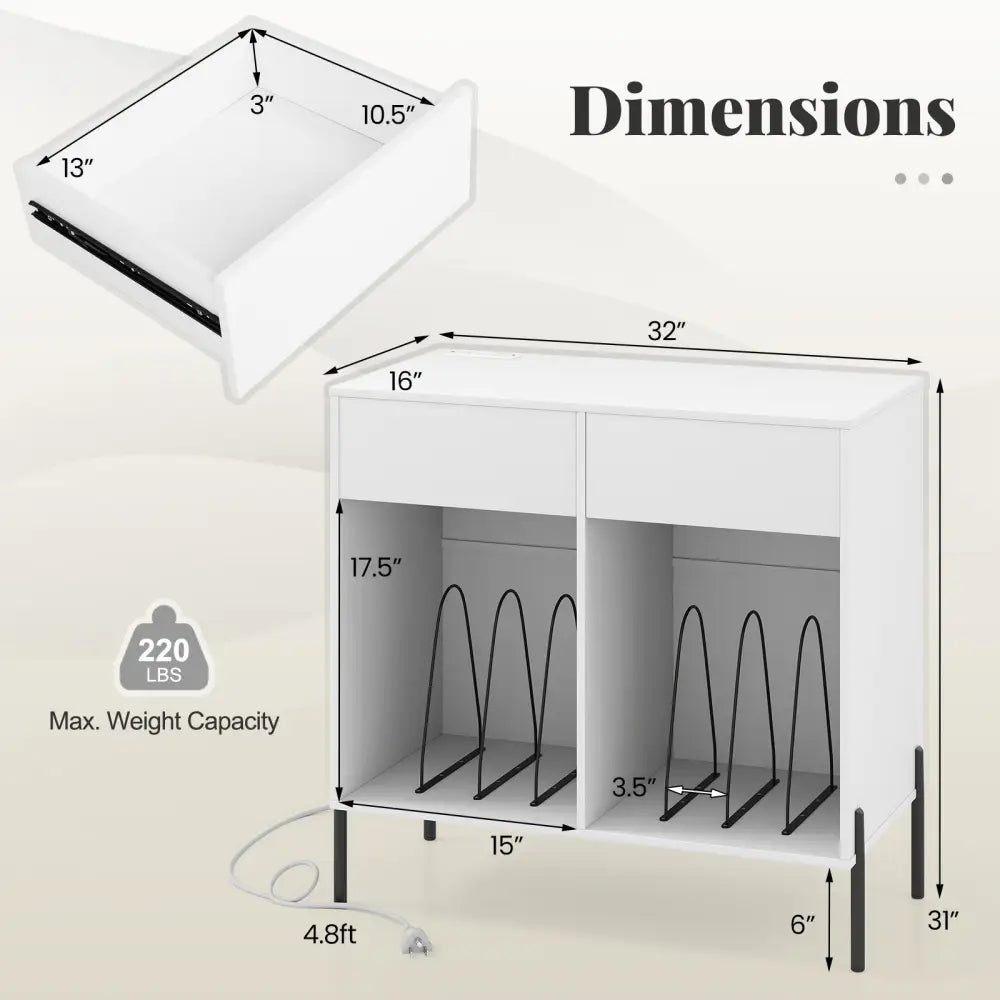 Record Player Stand with Power Outlets Double Wide Turntable Stand Vinyl Record Storage Table-White - White - Cabinets