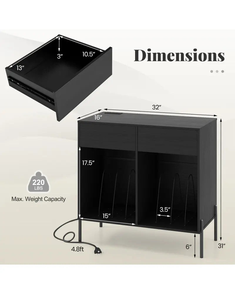 Record Player Stand with Power Outlets Double Wide Turntable Stand Vinyl Record Storage Table-Black - Black - Cabinets
