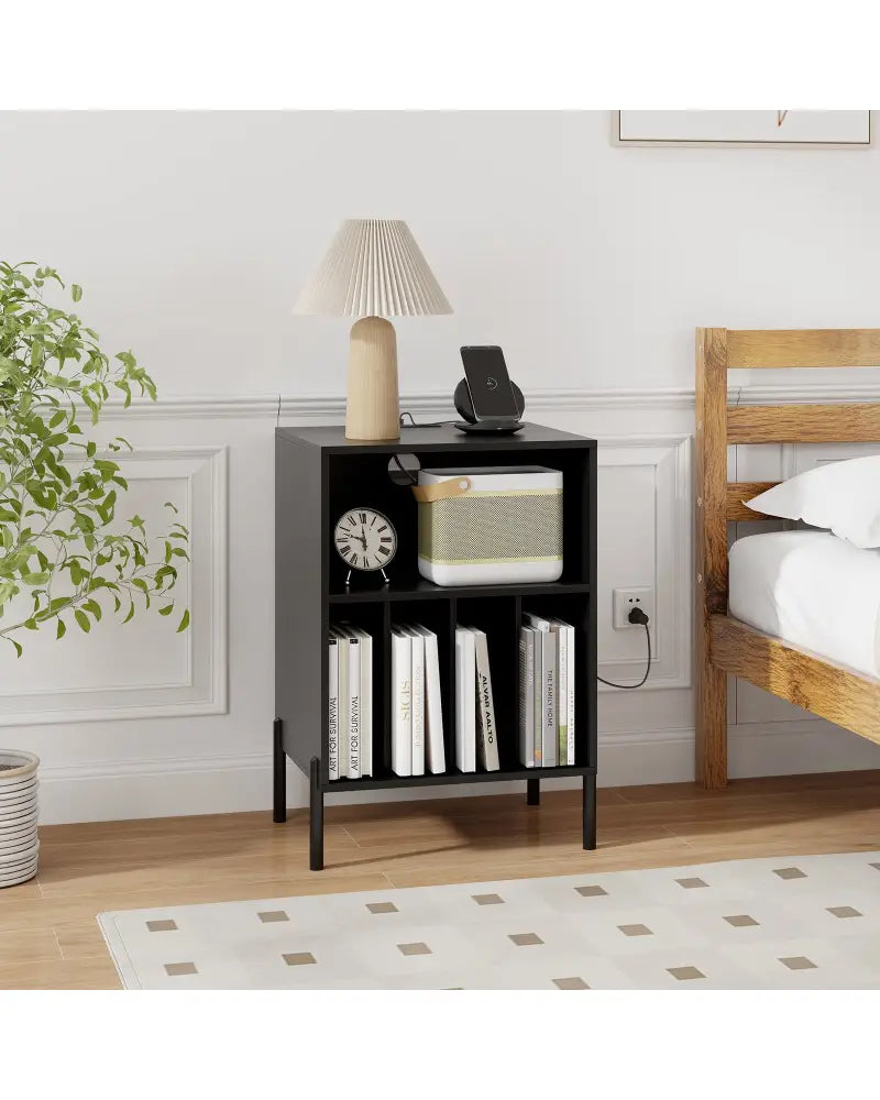 Record Player Stand with Record Storage Shelf and Charging Station-Black - Black - End & Side Tables