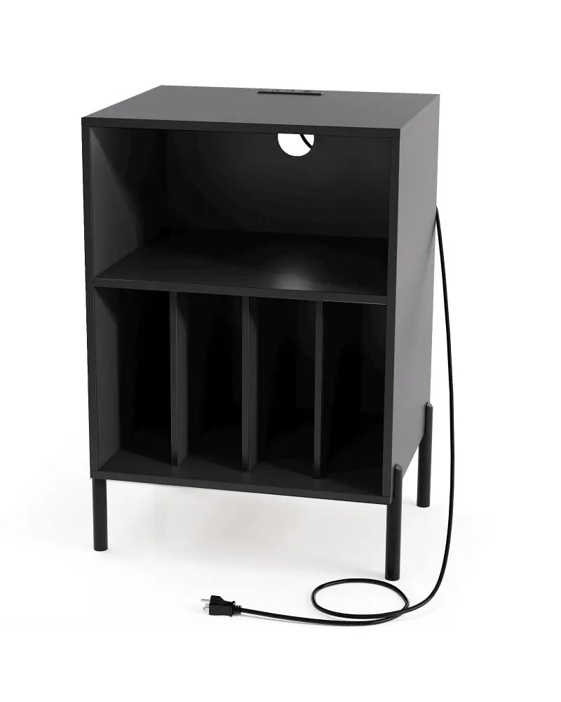 Record Player Stand with Record Storage Shelf and Charging Station-Black - Black - End & Side Tables