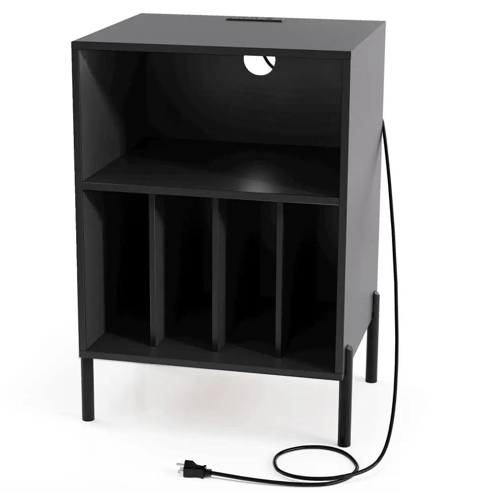 Record Player Stand with Record Storage Shelf and Charging Station-Black - Black - End & Side Tables