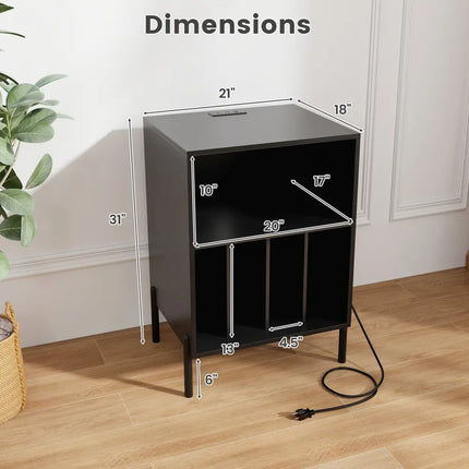 Record Player Stand with Record Storage Shelf and Charging Station-Black - Black - End & Side Tables