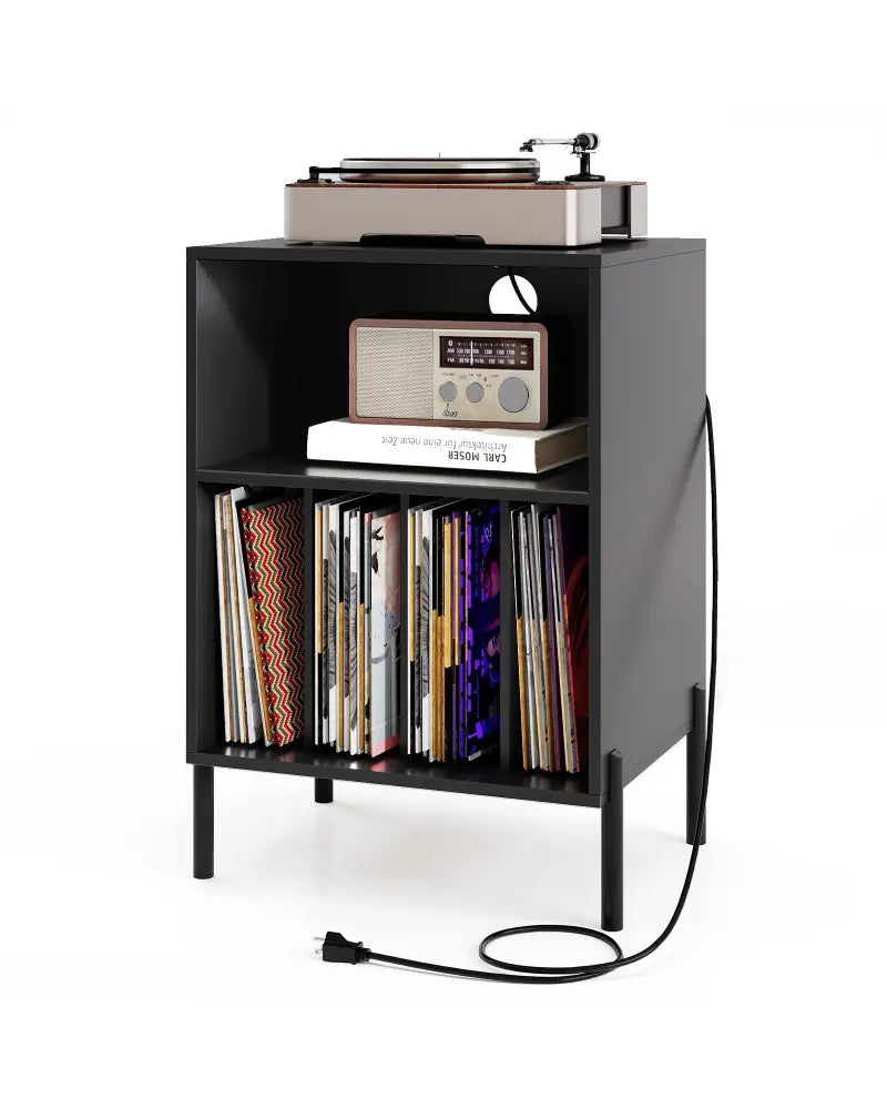 Record Player Stand with Record Storage Shelf and Charging Station-Black - Black - End & Side Tables