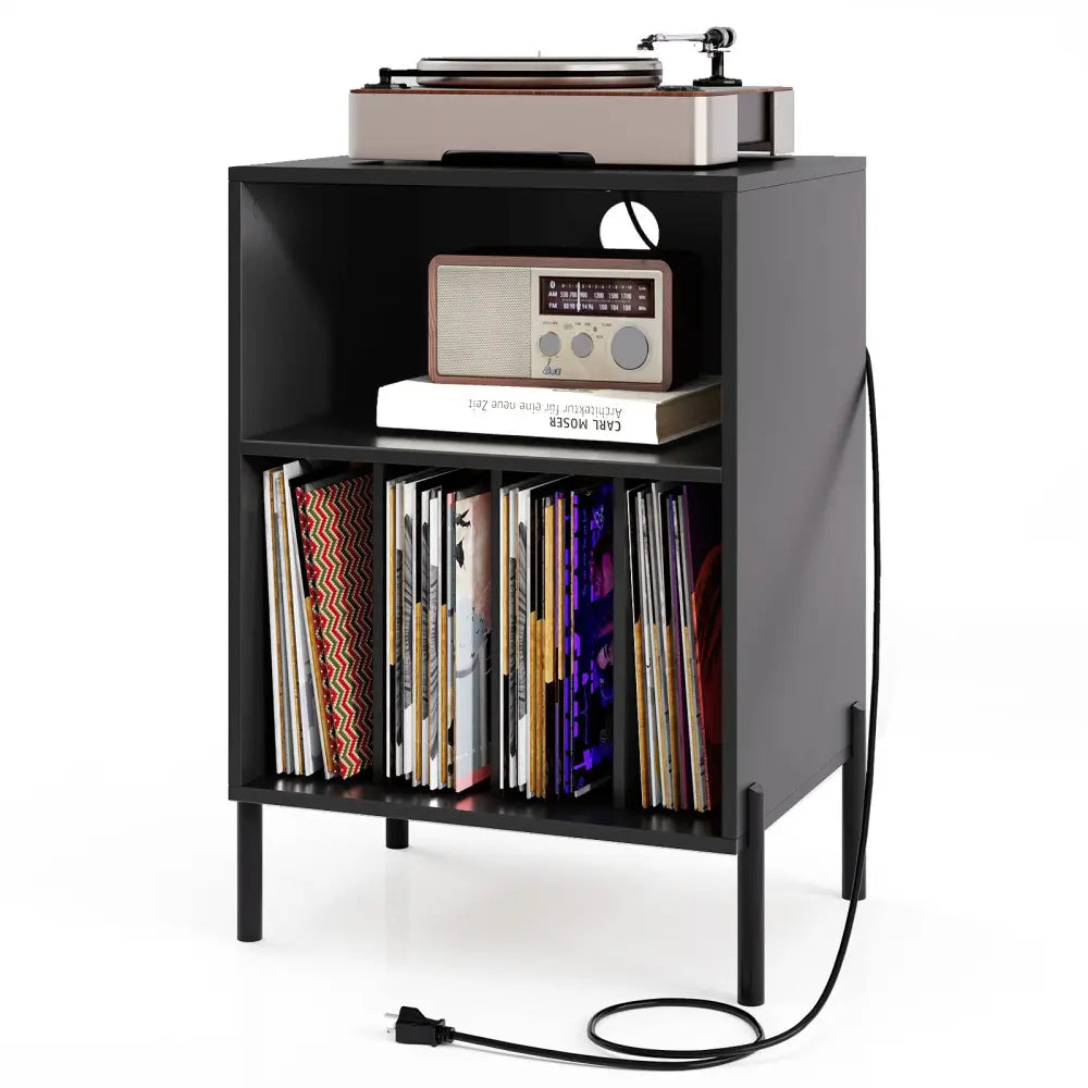 Record Player Stand with Record Storage Shelf and Charging Station-Black - Black - End & Side Tables