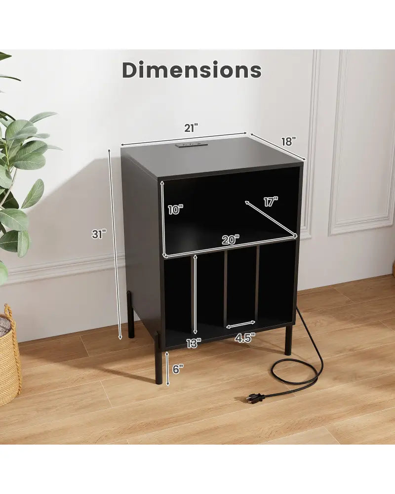 Record Player Stand with Record Storage Shelf and Charging Station-Black - Black - End & Side Tables