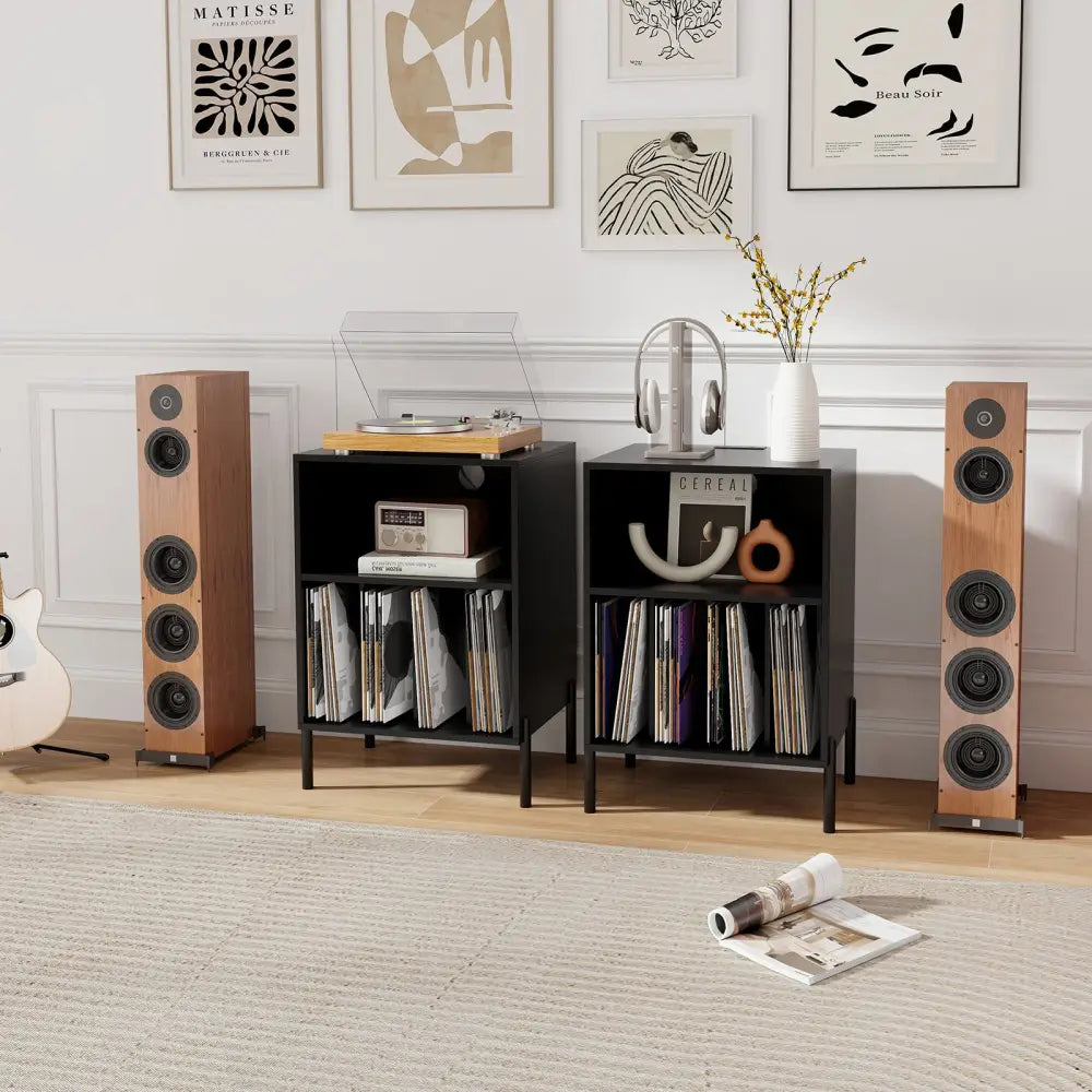 Record Player Stand with Record Storage Shelf and Charging Station-Black - Black - End & Side Tables