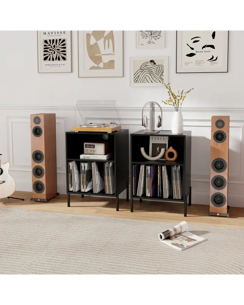 Record Player Stand with Record Storage Shelf and Charging Station-Black - Black - End & Side Tables