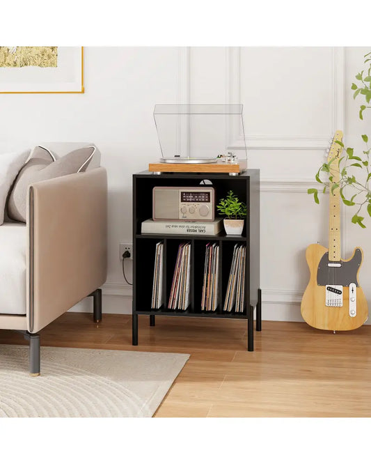 Record Player Stand with Record Storage Shelf and Charging Station-Black - Black - End & Side Tables