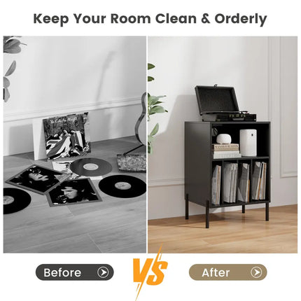 Record Player Stand with Record Storage Shelf and Charging Station-Black - Black - End & Side Tables
