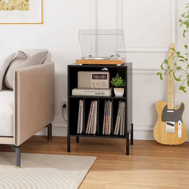Record Player Stand with Record Storage Shelf and Charging Station-Black - Black - End & Side Tables