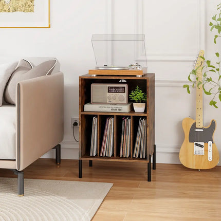 Record Player Stand with Record Storage Shelf and Charging Station-Coffee - Coffee - End & Side Tables
