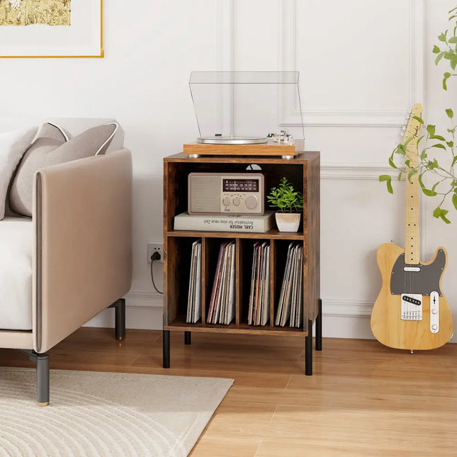 Record Player Stand with Record Storage Shelf and Charging Station-Coffee - Coffee - End & Side Tables
