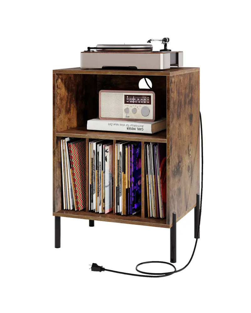 Record Player Stand with Record Storage Shelf and Charging Station-Coffee - Coffee - End & Side Tables