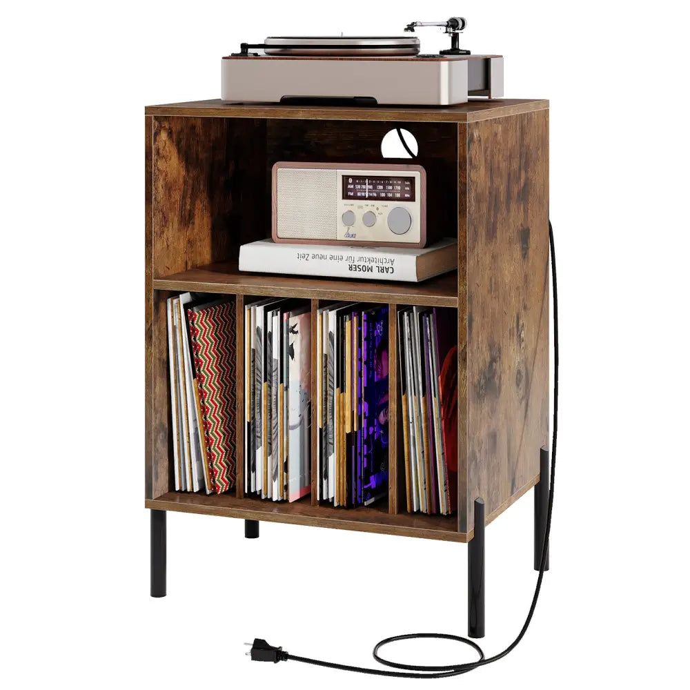 Record Player Stand with Record Storage Shelf and Charging Station-Coffee - Coffee - End & Side Tables