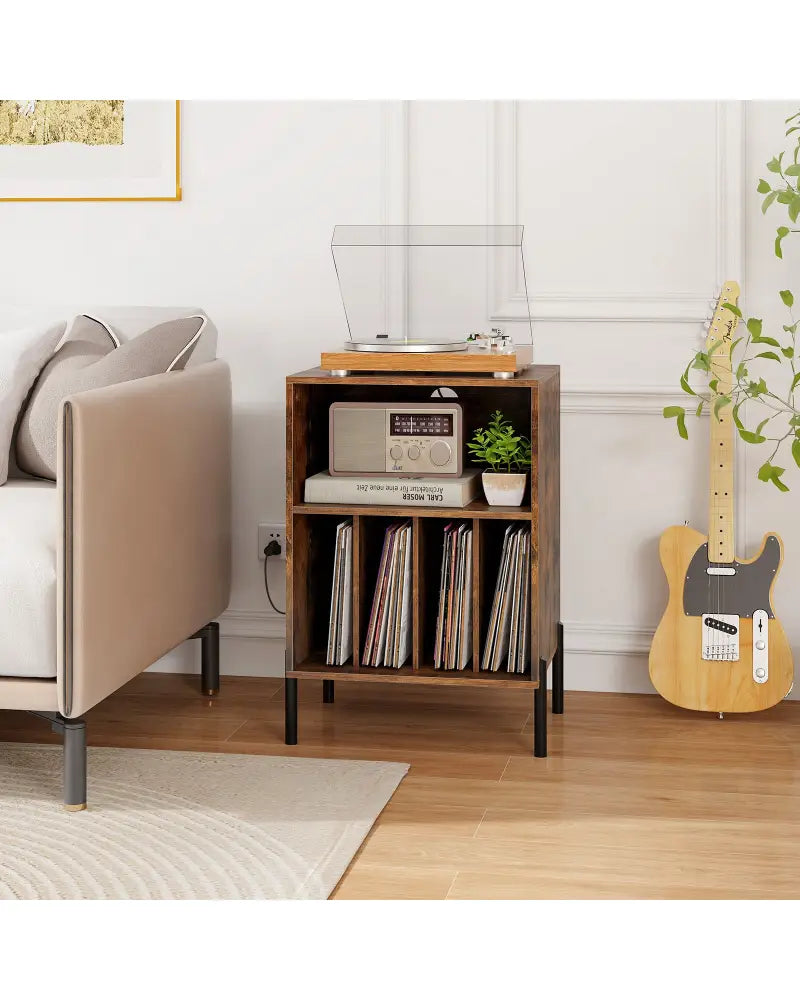 Record Player Stand with Record Storage Shelf and Charging Station-Coffee - Coffee - End & Side Tables