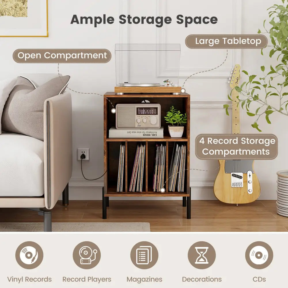 Record Player Stand with Record Storage Shelf and Charging Station-Coffee - Coffee - End & Side Tables
