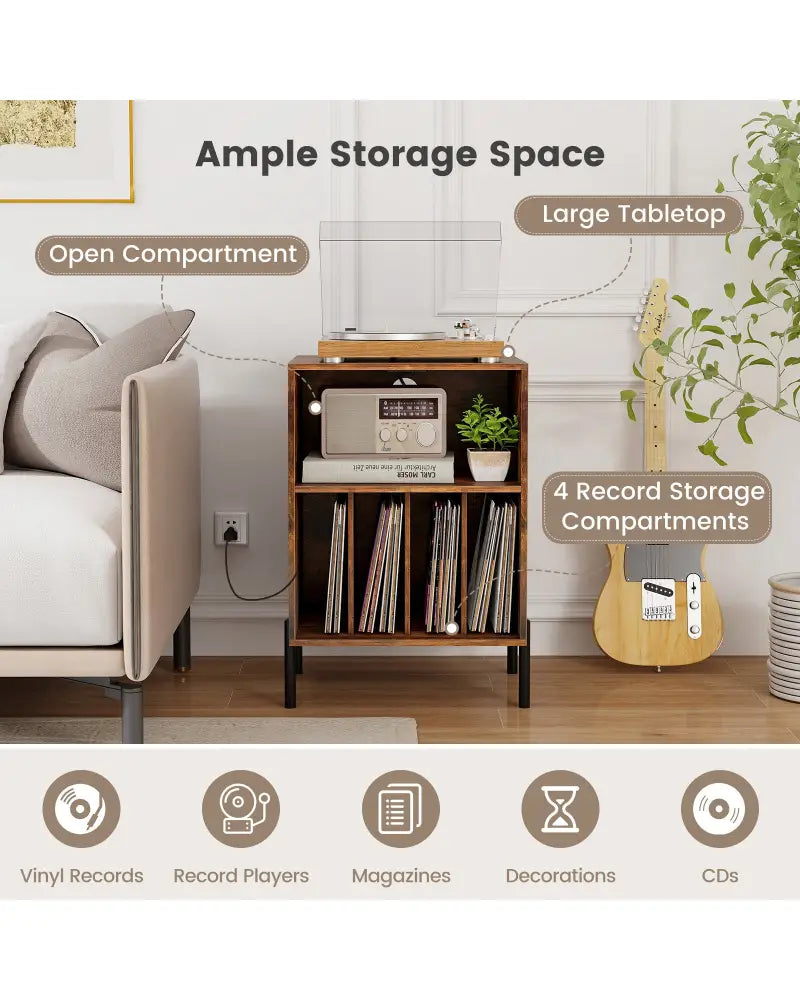 Record Player Stand with Record Storage Shelf and Charging Station-Coffee - Coffee - End & Side Tables
