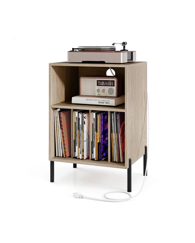Record Player Stand with Record Storage Shelf and Charging Station-Natural - Natural - End & Side Tables