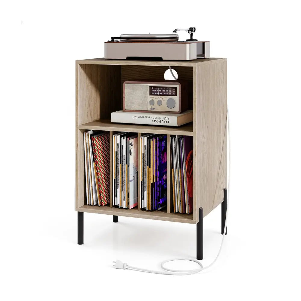 Record Player Stand with Record Storage Shelf and Charging Station-Natural - Natural - End & Side Tables