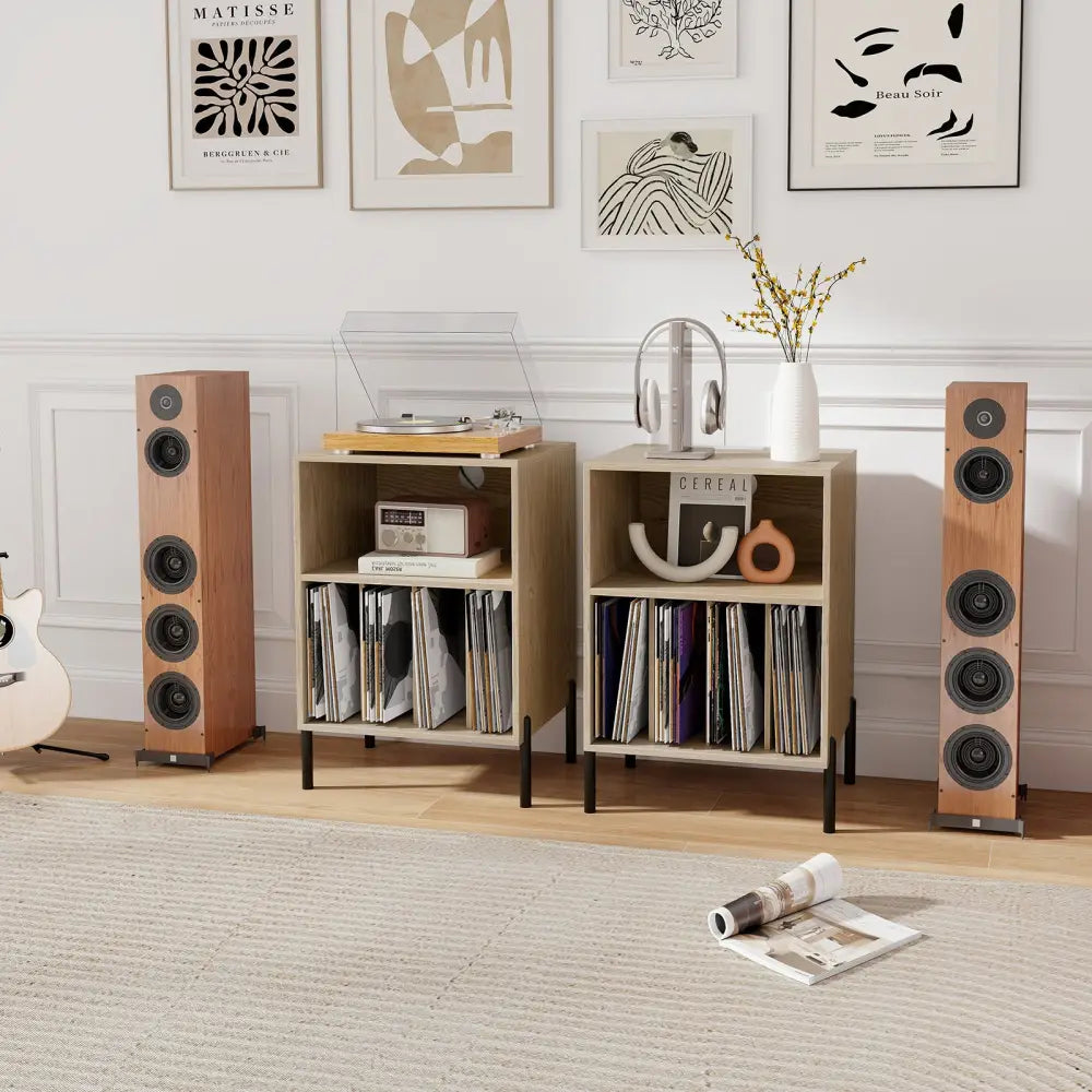 Record Player Stand with Record Storage Shelf and Charging Station-Natural - Natural - End & Side Tables